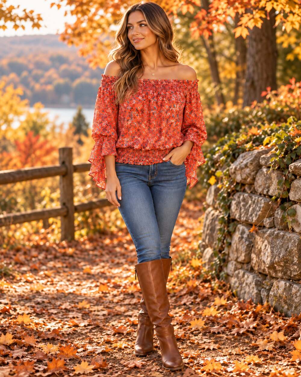 Eyeshadow Floral Off Shoulder Blouse Size L Orange Bell Sleeve Smocked